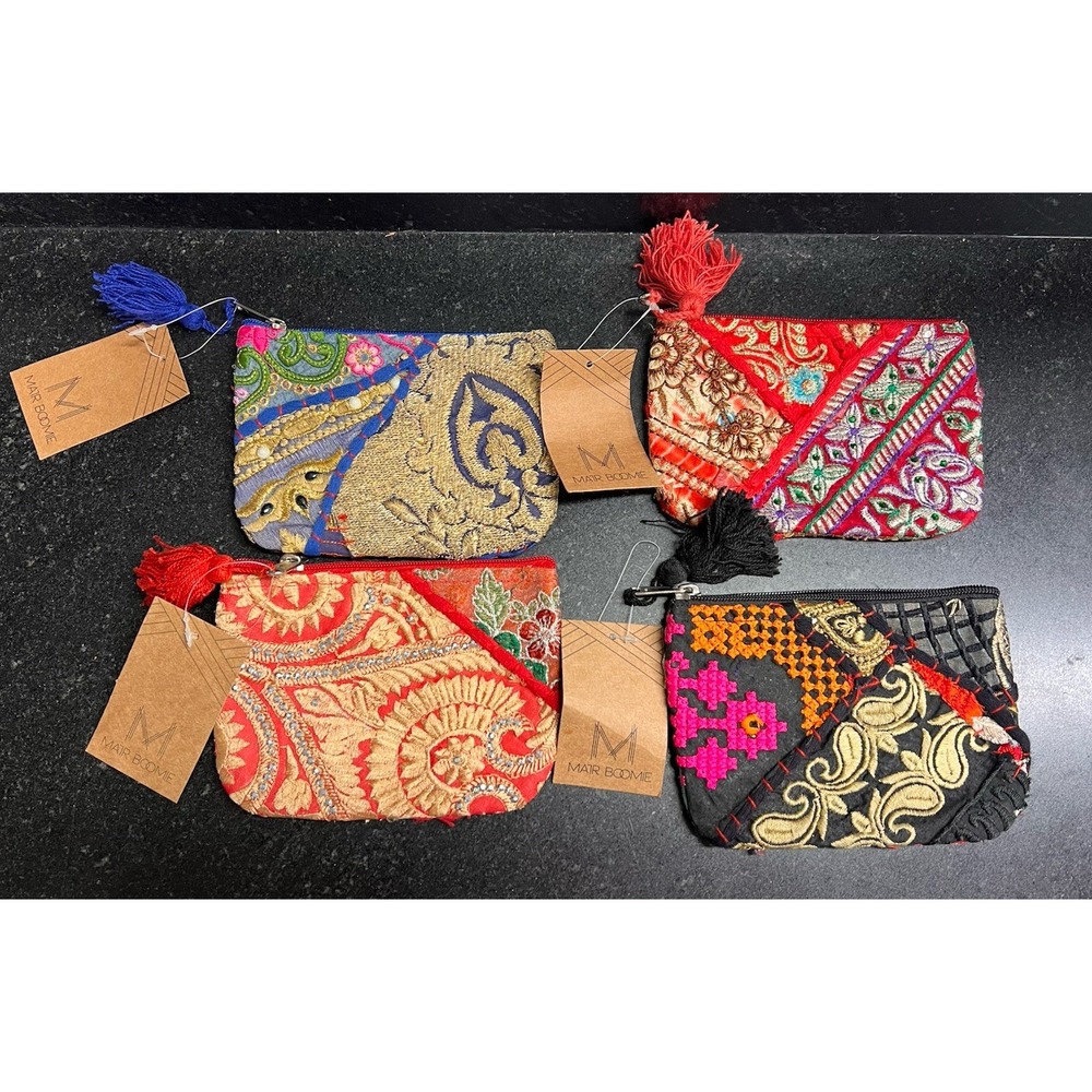 Lot of 4 Mar Boome Upcycled Patchwork Zip Coin Purses Boho Tassel Pouches 7"